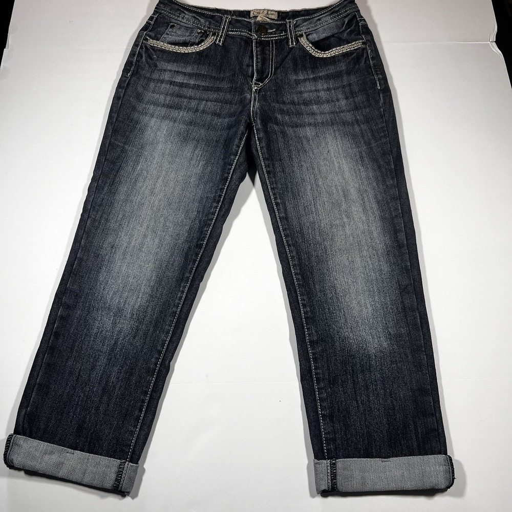 Earl Jeans Stretch Denim Cuffed Capris Women's Size 6 Embroidered Pockets